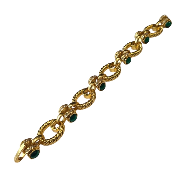 18k Gold Plated Matte Twisted Cable Emerald Glass Cabochon Bracelet - Picture 4 of 6